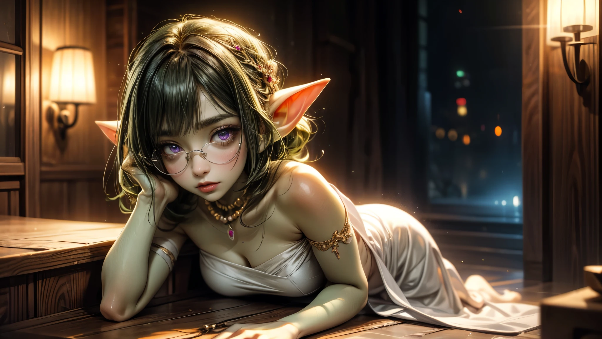 Masterpiece, absurdrez, amazing detail, 4k, perfect face, small ears, 3 foot tall green goblin girl, wearing fancy white gown and pearl jewelry, very shy, black glasses, (green skin), short dark hair, purple eyes, cinematic lighting, sitting in a box seat at the opera,