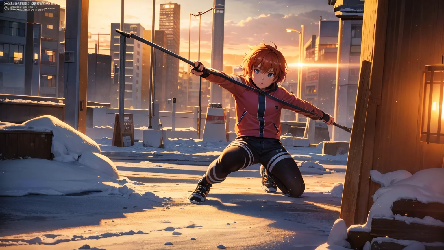 Scott Pilgrim takes off, vibrant orange hair, shirt, jacket, bushy eyebrows, Canada, a solitary figure standing in the snow, (realistic,photorealistic:1.37), detailed winter scenery, frost-covered trees, city lights reflecting off the snow, icy breath, (best quality,4k,8k,highres,masterpiece:1.2), medium: oil painting, comic book style, intense colors, dynamic poses, action lines, (HDR,UHD), sunset hues, warm golden light,has