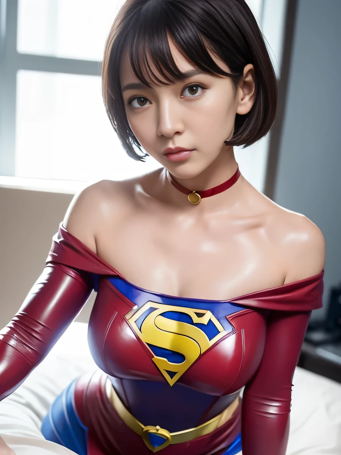 Masterpiece、Enamel Supergirl Costume、Short Hair、Hospital operating table、Crisis situation、Big and ample breasts、looking at the camera、Shiny、Off the shoulder、choker、Long sleeve、Red exy poses to seduce、Sweaty、Model Body Type、Alluring、charm、Enchanting、Abused、test subject、victim、Wild、Photorealistic、latex、