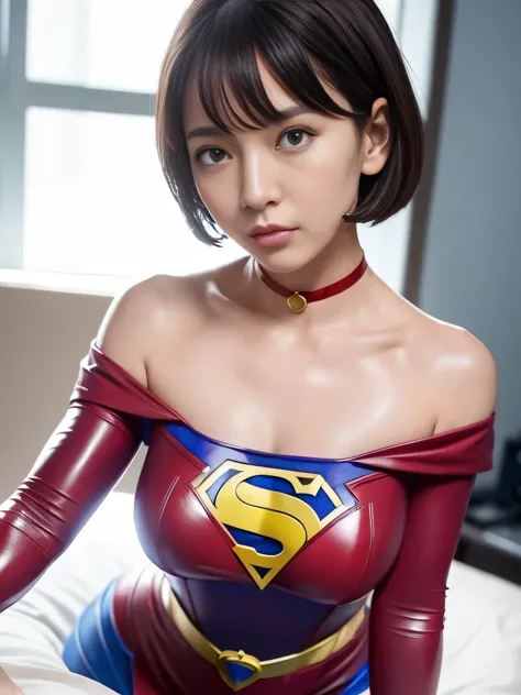 masterpiece、enamel supergirl costume、short hair、hospital operating table、crisis situation、big and ample breasts、looking at the c...