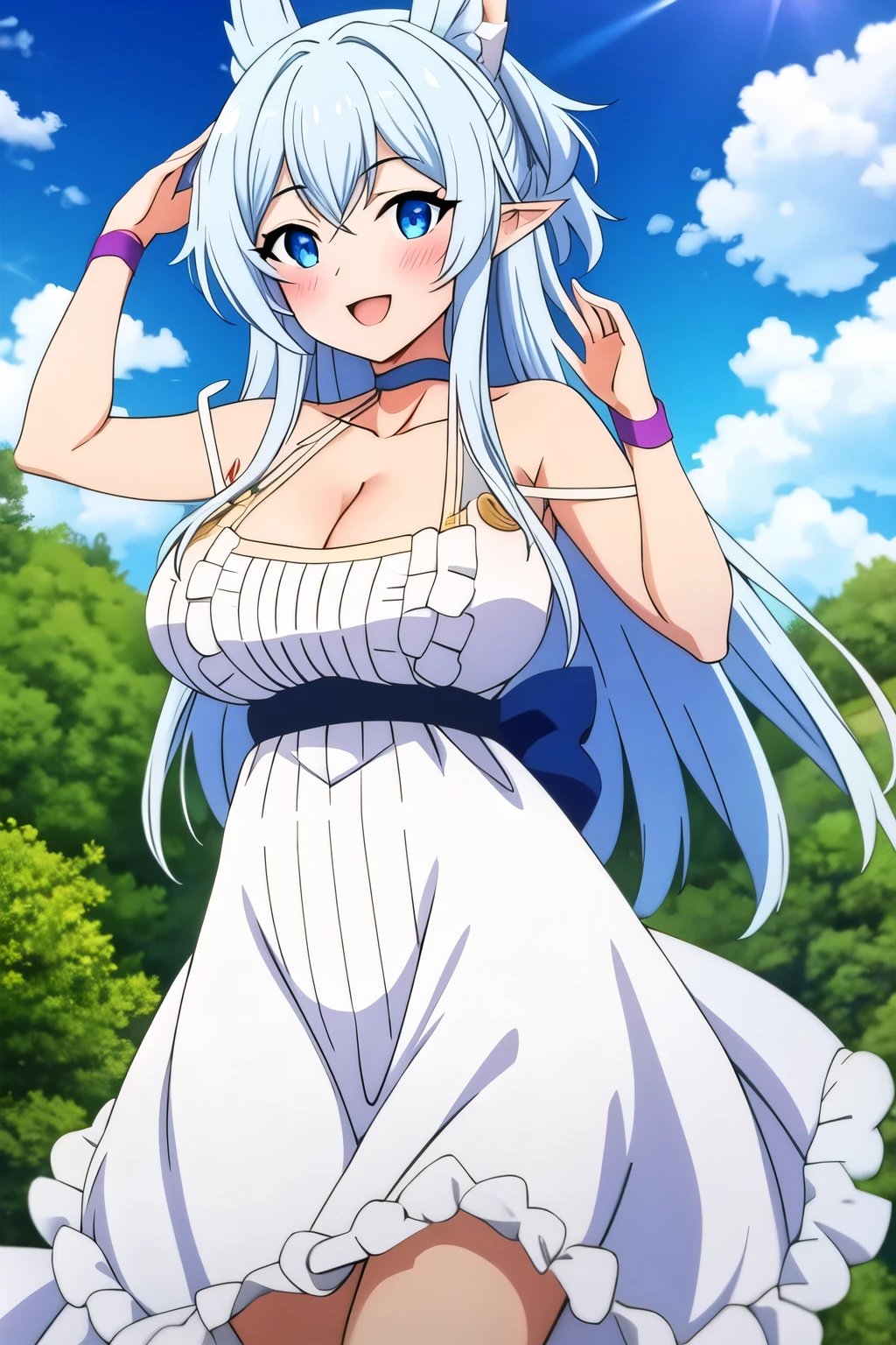 ((Masterpiece, highest quality: 1.2), detailed image, anime character, one girl, blue eyes, rich breasts, white dress, close-up of face, animal ears covered with white fur, long white hair