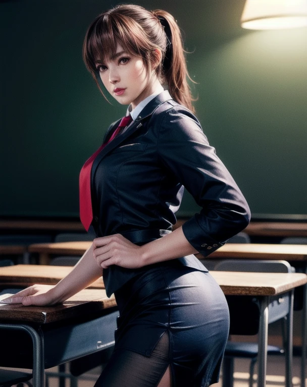 Medium shot of haze, Brown Hair, ponytail, Dark blue business suit, Light red tie, Long pencil skirt, alone, classroom, blackboard, Pupil, machine, Side lighting, Shallow and sharp depth of field,(Very detailed),Realistic, (masterpiece), (High resolution), (8k wallpaper)