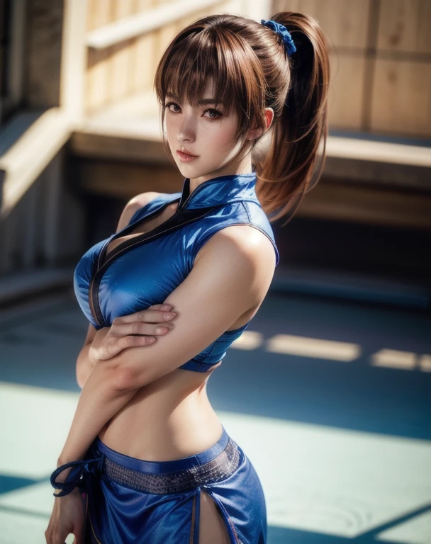 Medium shot of haze, Young face, Brown Hair, ponytail, Blue martial arts uniform, heart, Pelvic Curtain, alone, Side lighting, Shallow and sharp depth of field,(Very detailed),Realistic, (masterpiece), (High resolution), (8k wallpaper)