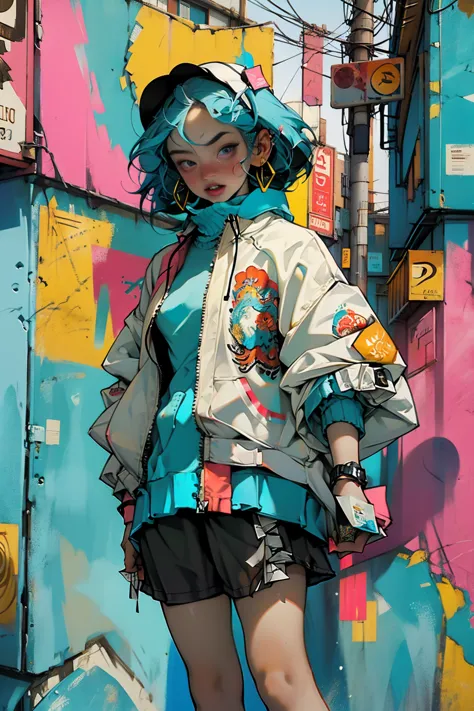 (high resolution:1.2),ultra detallado,realista,Sharp focus,vistoso,Paredes cubiertas de graffiti,street arteist girl,ropa vibran...