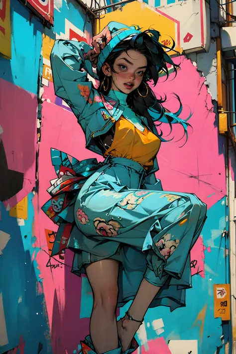(high resolution:1.2),ultra detallado,realista,Sharp focus,vistoso,Paredes cubiertas de graffiti,street arteist girl,ropa vibran...