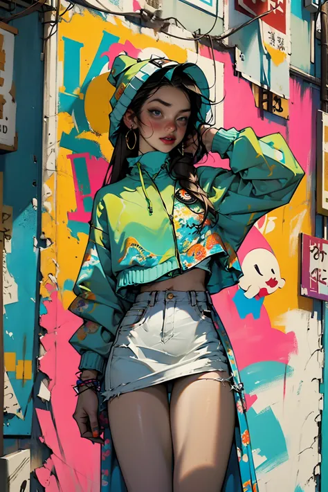 (high resolution:1.2),ultra detallado,realista,Sharp focus,vistoso,Paredes cubiertas de graffiti,street arteist girl,ropa vibran...