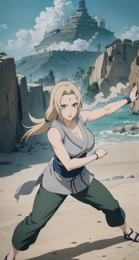 (masterpiece, highest quality:1.2), alone, One Girl, Tsunade Defense, Forehead mark, View your audience、((Battle Scenes、Fighting...