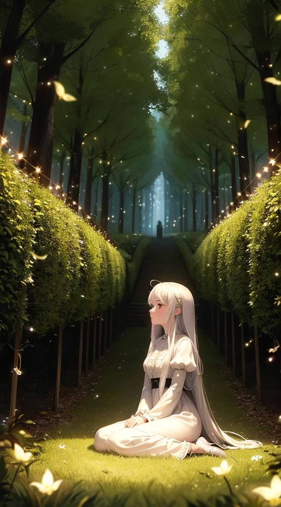 (masterpiece:1.2),((highest quality)),(One woman:1.3),Sit in the grass with lots of fireflies,Bokeh,(Lots of firefly lights),Mysterious woman,Long silver hair,White clothes,Magical atmosphere,Soft Light,Cinematic lighting