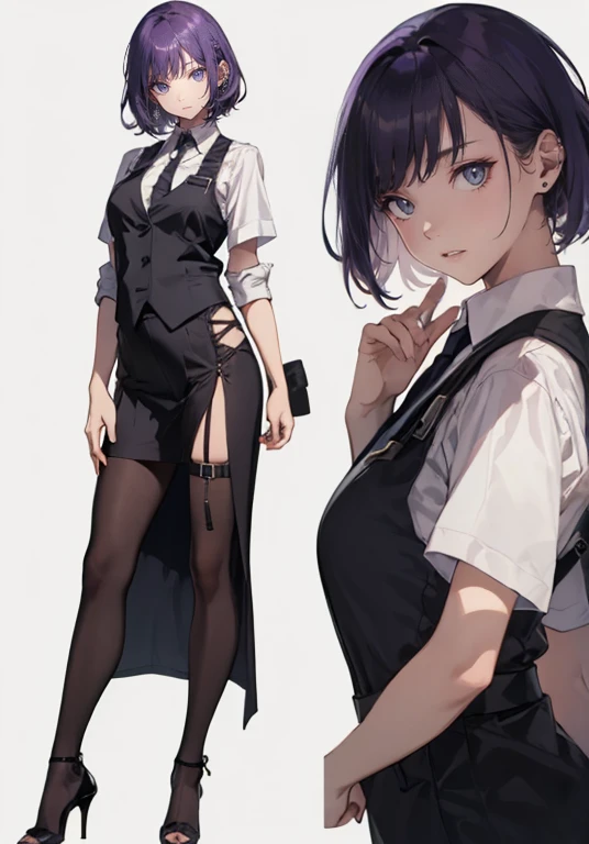 ((Perfect Face)),Purple Hair,Shortcuts,Adult female,bartender,((Harness)),Black vest,((Shirt with rolled up sleeves)),tie,((slit)),High heels,,((Simple Background)),smile,((whole body)),((full body)),Character portrait,upright,,Both arms are lowered,upright,