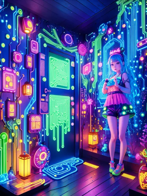 (霓虹lamp)，Circuit Board，colorful nipples，luminescent colors，lamp，girl，Looking at the camera，slime girl，Flowy vest shorts，Towards ...