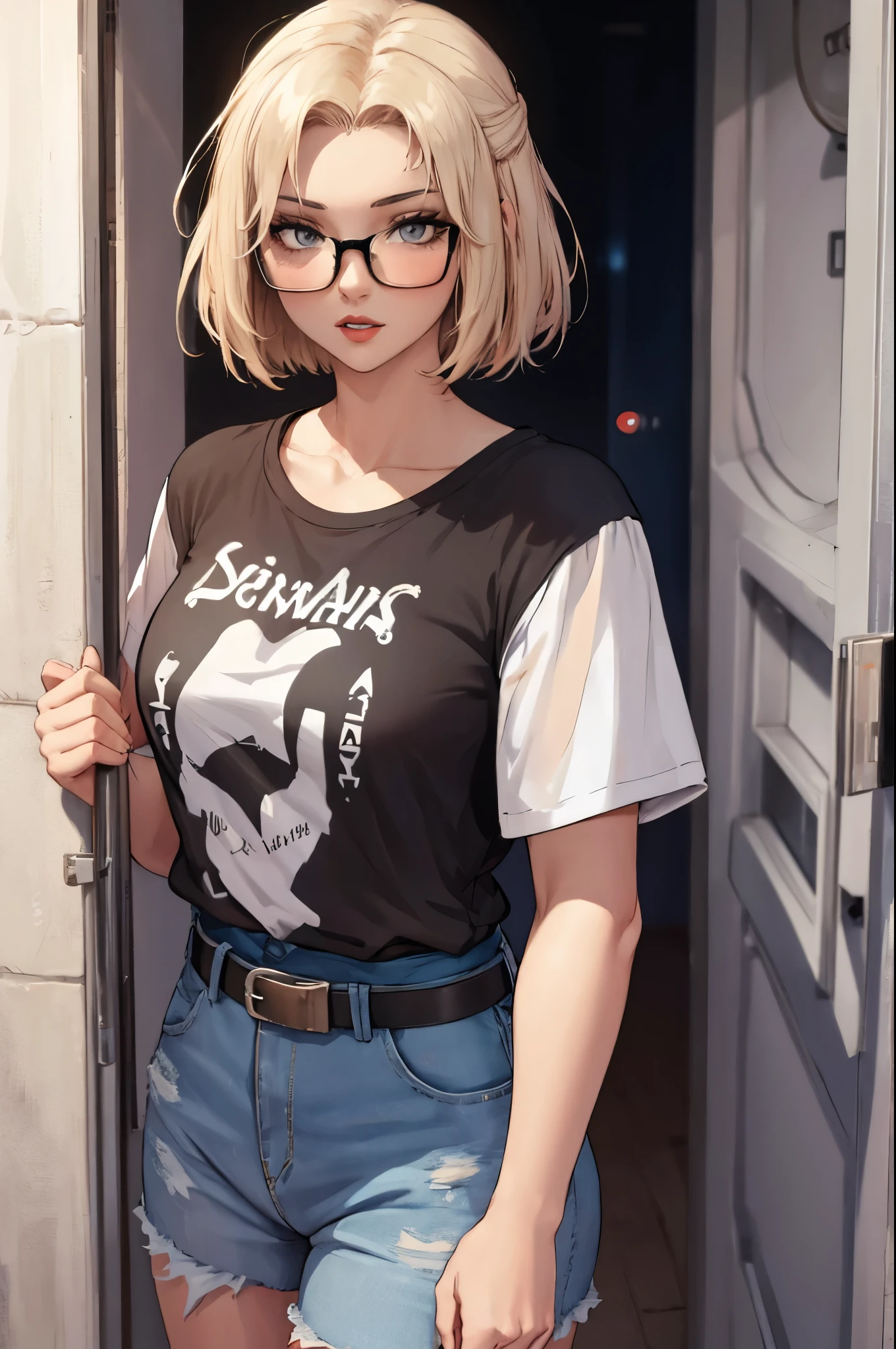 leonie pinelli, Blonde hair ,short hair ,1girl, solo, standing, black t-shirt, white shirt, blue jeans, belt, lipstick, eyewear on head,
