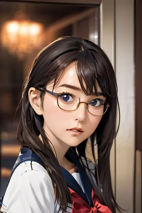 (masterpiece, highest quality), One Girl,  Satou, Satou, Glasses, 赤いフレームのGlasses, Sailor suit, Satou, Glasses, 赤いフレームのGlasses, 