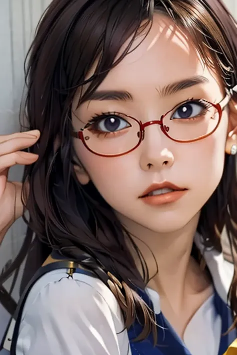 (masterpiece, highest quality), one girl,  satou, satou, glasses, 赤いフレームのglasses, sailor suit, satou, glasses, 赤いフレームのglasses,