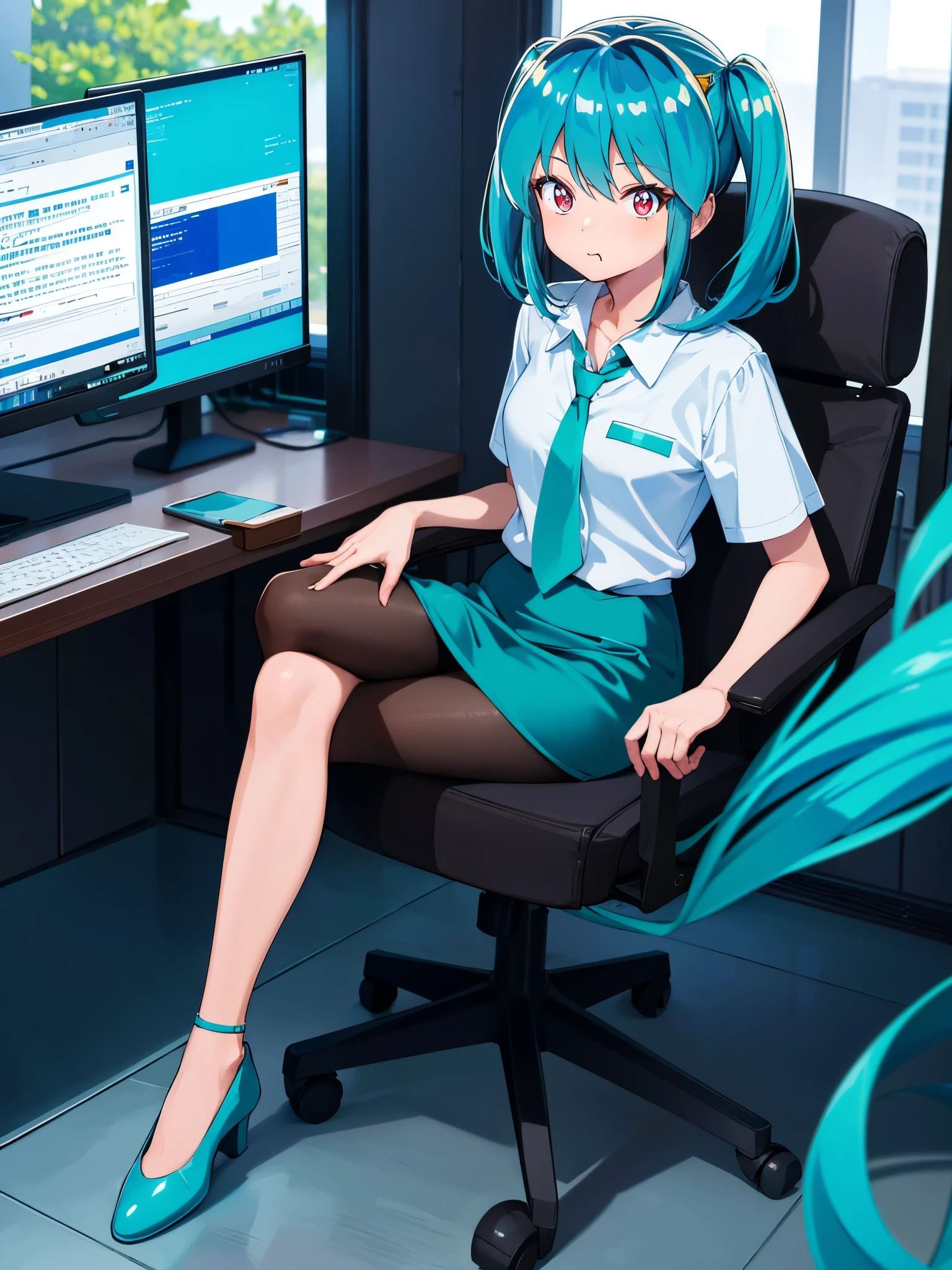 (One Girl),(high quality), (High resolution), (Very detailed), (In 8K),(Lower Body Shot),Urusei Yatsura no Ram,masterpiece、Best image quality、超A high resolution、miku hatsune、Blue Hair、Twin tails、short hair、Cute Smile、White dress shirt、Pencil Skirt、officeレディのベスト、Firm breasts、Shapely breasts、Black Pantyhose、sitting in an office chair、office