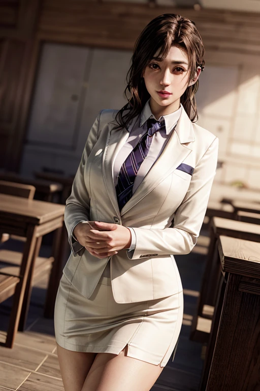 highest quality, Perfect Face, Complex, Beautiful views, Ultra-realistic 8K CG,Perfect artwork, 1 Female, Sayuri, alone, Female teacher-like appearance, White business suit, Light brown tie, Long pencil skirt, alone, Side lighting, Shallow and sharp depth of field, Realistic,,