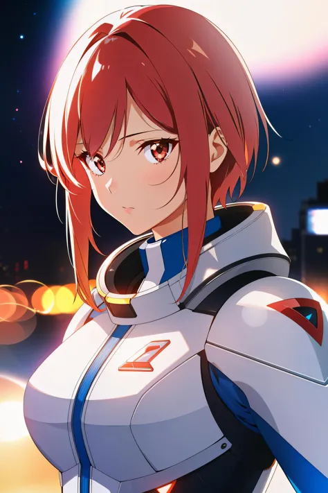 a woman in a futuristic suit standing in front of a city