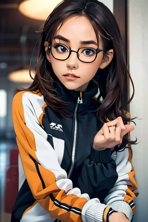 (masterpiece, highest quality), One Girl,  Satou, Satou, Glasses, 赤いフレームのGlasses, Under-rim eyewear, Satou, Glasses, 赤いフレームのGlasses, Under-rim eyewear, Track jacket, Track pants