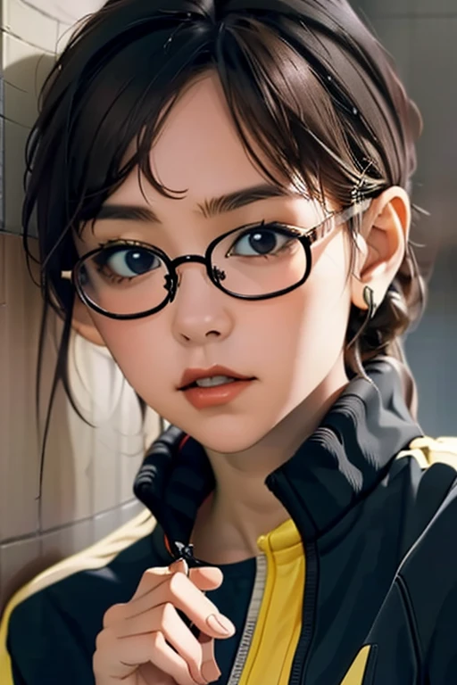 (masterpiece, highest quality), One Girl,  Satou, Satou, Glasses, 赤いフレームのGlasses, Under-rim eyewear, Satou, Glasses, 赤いフレームのGlasses, Under-rim eyewear, Track jacket, Track pants