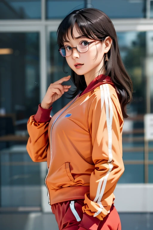 (masterpiece, highest quality), One Girl,  Satou, Satou, Glasses, 赤いフレームのGlasses, Under-rim eyewear, Satou, Glasses, 赤いフレームのGlasses, Under-rim eyewear, Track jacket, Track pants