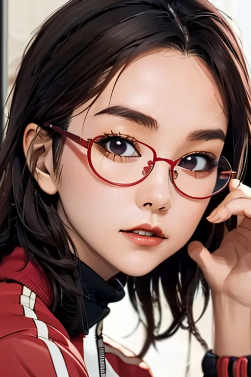 (masterpiece, highest quality), One Girl,  Satou, Satou, Glasses, 赤いフレームのGlasses, Under-rim eyewear, Satou, Glasses, 赤いフレームのGlasses, Under-rim eyewear, Track jacket, Track pants