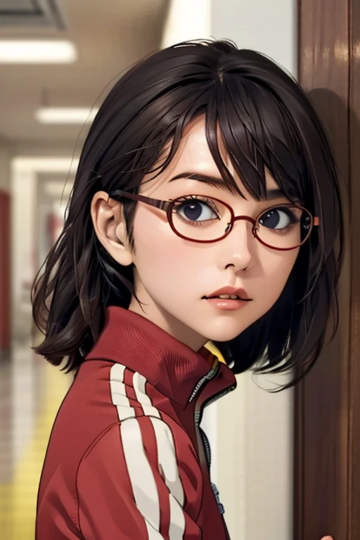 (masterpiece, highest quality), One Girl,  Satou, Satou, Glasses, 赤いフレームのGlasses, Under-rim eyewear, Satou, Glasses, 赤いフレームのGlasses, Under-rim eyewear, Track jacket, Track pants