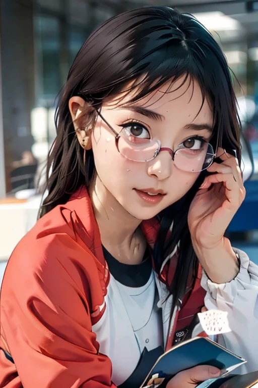 (masterpiece, highest quality), One Girl,  Satou, Satou, Glasses, 赤いフレームのGlasses, Under-rim eyewear, Satou, Glasses, 赤いフレームのGlasses, Under-rim eyewear, Track jacket, Track pants