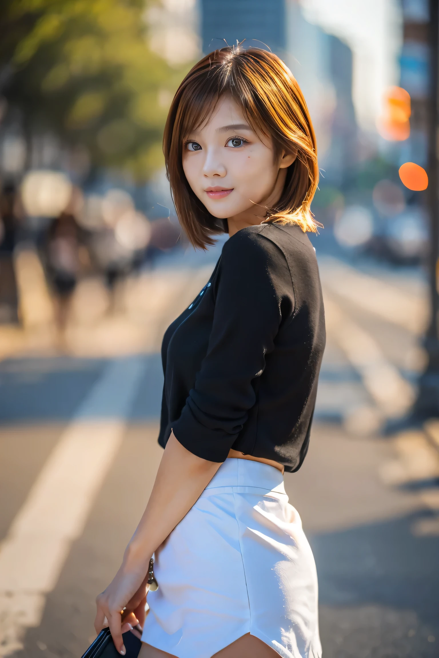 (18-year-old female), (The best quality at its best:1.4), (Super detailed), (Very detailed CG unified 16k), Beautiful woman with perfect figure: 1.4, Sharp focus: 1.2, Very detailed, High-quality RAW color photos, Professional photography, Great face and eyes, Beautiful eyelashes、cosmetics, (Amazingly beautiful girl), ((blouse, White mini tight skirt)), Are standing, Sexy posture，(Stylish cityscape, dawn:1.3), (View from below), Realistic movie faces, Wide zoomed out view of head to foot length, Full body long view, Realistic, ((Realistic natural orange red hairstyle, Realistic blue eyes, Short Bob Hair)), nice, Very beautiful face, Perfect model beauty, Mouth swelling, Highly detailed face and skin texture, Fine grain, double eyelid, Medium chest, smile, Crack, west, (masterpiece), highest quality, High resolution, Very detailed, Blurred Background, Depth of written boundary, Cinema Lighting, Great legs, High heels, Clear, well-maintained skin, (((Women make up the majority of the photo)))