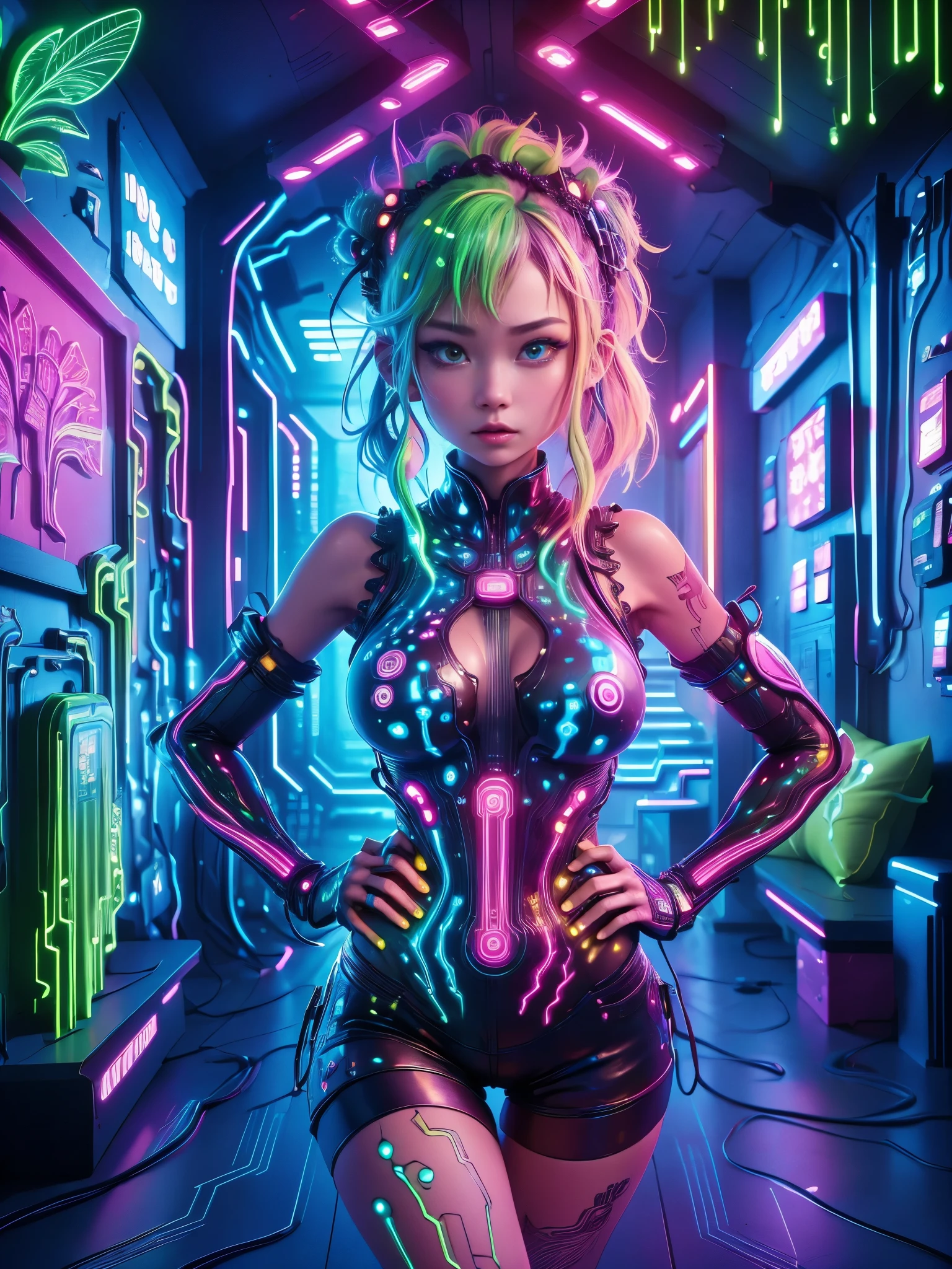 (Neon lamp)，Circuit Board，colorful nipples，luminescent colors，lamp，girl，Looking at the camera，slime girl，Flowy vest shorts，Towards the wall，Big round eyes，charming，(ultra HD, masterpiece, precise, Anatomically correct, textured skin, High Detail, high quality, The award-winning, 8k)