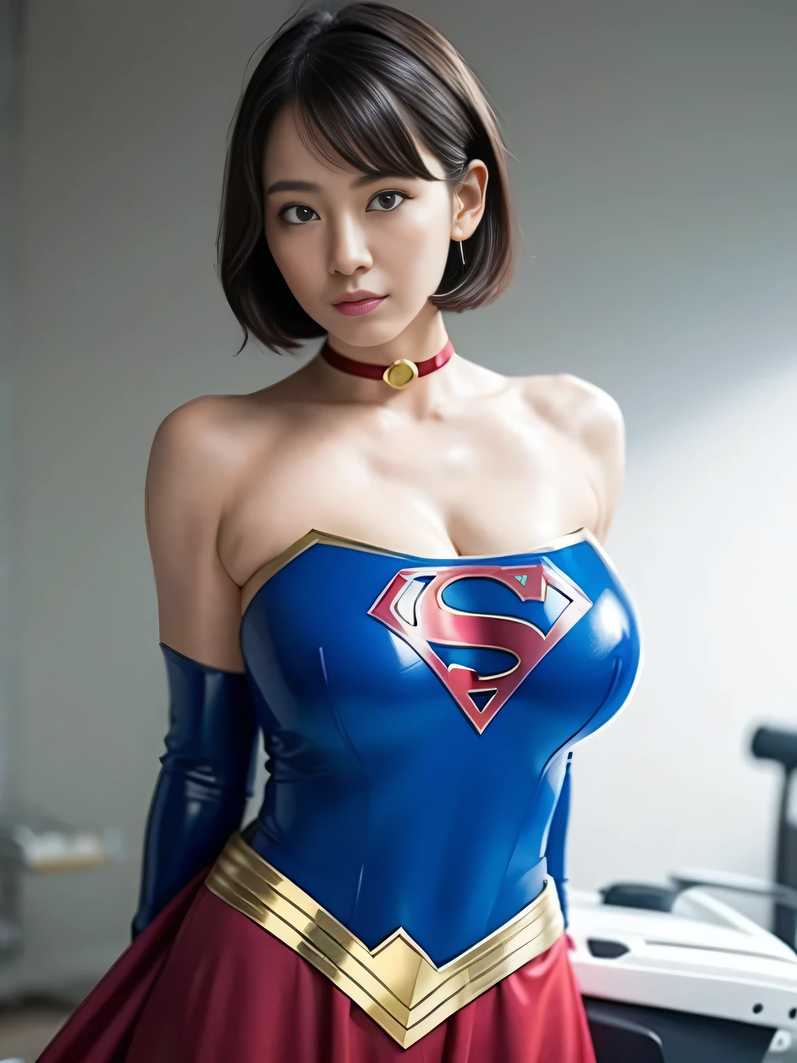 Masterpiece、Enamel Supergirl Costume、Short Hair、Hospital operating table、Crisis situation、Big and ample breasts、looking at the camera、Shiny、Off the shoulder、choker、Long sleeve、exy poses to seduce、Sweaty、Model Body Type、Alluring、charm、Enchanting、Abused、test subject、victim、Wild、Photorealistic、latex、bandage、Red Cape、