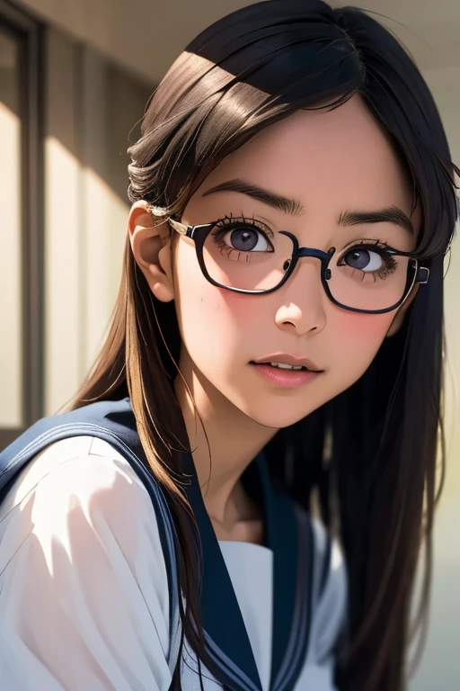 (masterpiece, highest quality), One Girl,  Satou, Satou, Glasses, 赤いフレームのGlasses, Sailor suit, Satou, Glasses, 赤いフレームのGlasses, 