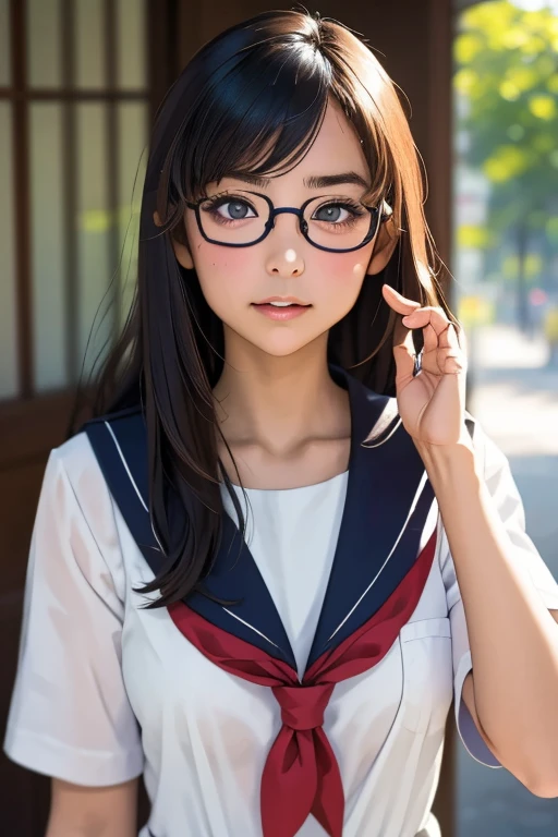 (masterpiece, highest quality), One Girl,  Satou, Satou, Glasses, 赤いフレームのGlasses, Sailor suit, Satou, Glasses, 赤いフレームのGlasses, 