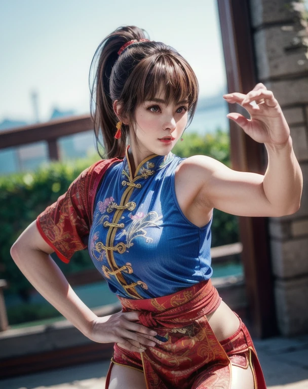 Medium shot of haze, Young face, Brown Hair, ponytail, Blue Chinese Martial Arts Suit, Kung Fu Costumes, Ornamented Chinese clothing, heart, Pelvic Curtain, alone, Demonstrating a martial arts style, Lively poses, Cool poses with motion blur, Side lighting, Shallow and sharp depth of field,(Very detailed),Realistic, (masterpiece), (High resolution), (8k wallpaper)