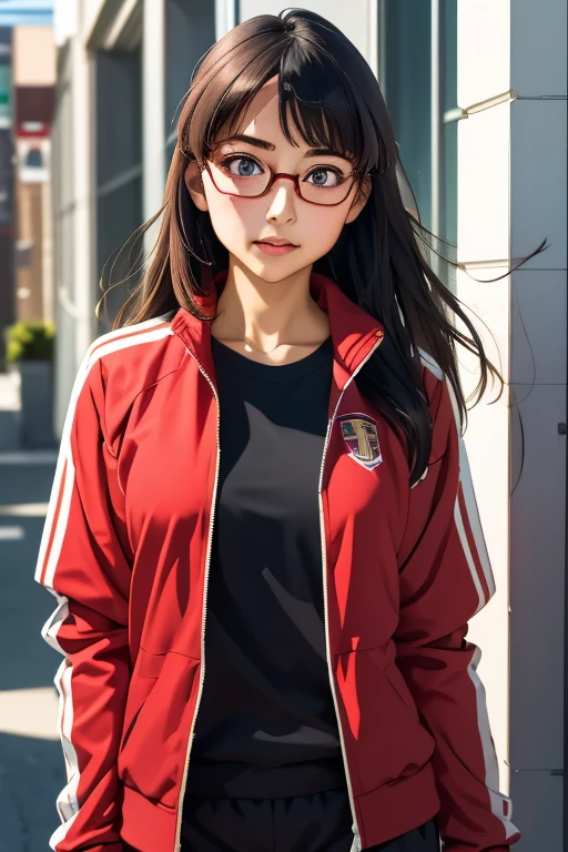 (masterpiece, highest quality), One Girl,  Satou, Satou, Glasses, 赤いフレームのGlasses, Under-rim eyewear, Satou, Glasses, 赤いフレームのGlasses, Under-rim eyewear, Track jacket, Track pants