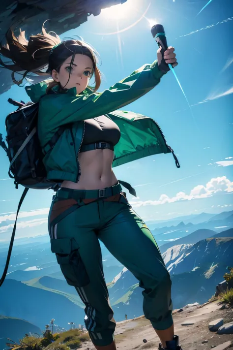 holding a flashlight mature, woman, climbing a mountain, serious, tactical, cool pose, hiking pants, bra wrap, wind, wind breake...