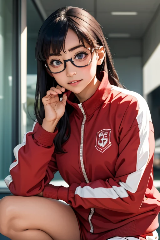 (masterpiece, highest quality), One Girl,  Satou, Satou, Glasses, 赤いフレームのGlasses, Under-rim eyewear, Satou, Glasses, 赤いフレームのGlasses, Under-rim eyewear, Track jacket, Track pants