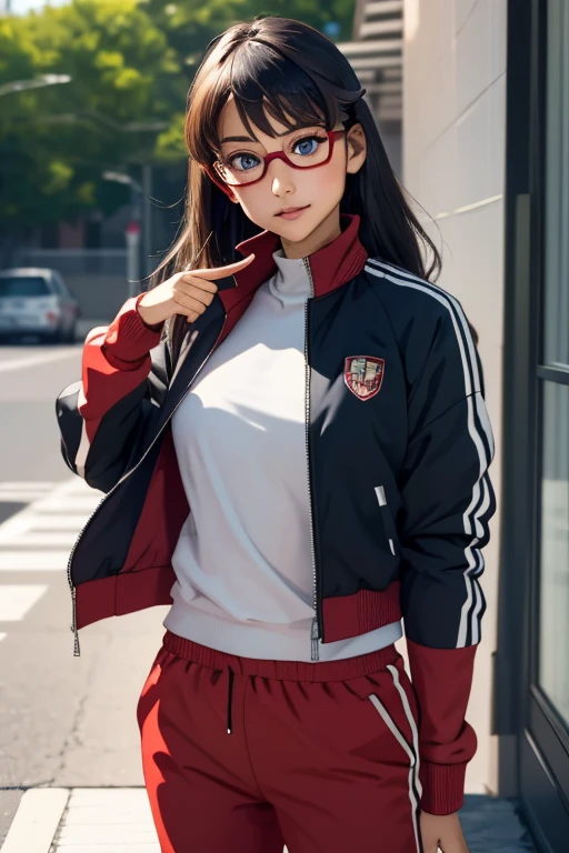 (masterpiece, highest quality), One Girl,  Satou, Satou, Glasses, 赤いフレームのGlasses, Under-rim eyewear, Satou, Glasses, 赤いフレームのGlasses, Under-rim eyewear, Track jacket, Track pants