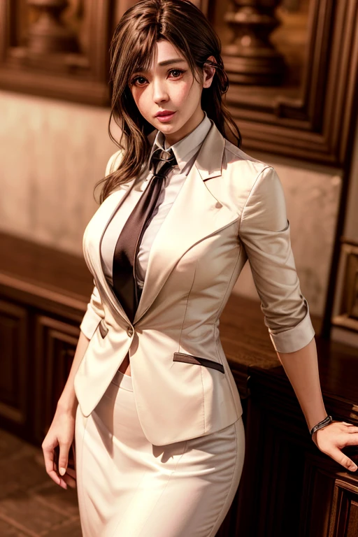 highest quality, Perfect Face, Complex, Beautiful views, Ultra-realistic 8K CG,Perfect artwork, 1 Female, Sayuri, Droopy eyes, alone, Female teacher-like appearance, White business suit, Light brown tie, Long pencil skirt, alone, Side lighting, Shallow and sharp depth of field, Realistic