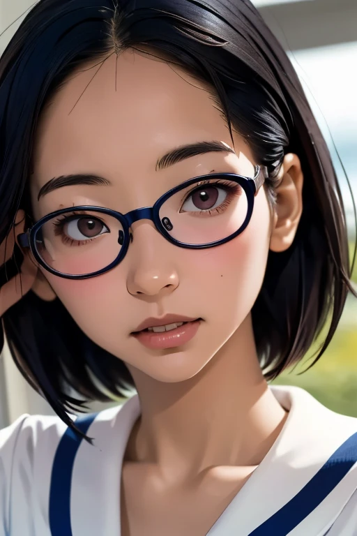 (masterpiece, highest quality), One Girl,  Satou, Satou, Glasses, 赤いフレームのGlasses, Navy blue sailor suit, Satou, Glasses, 赤いフレームのGlasses, 