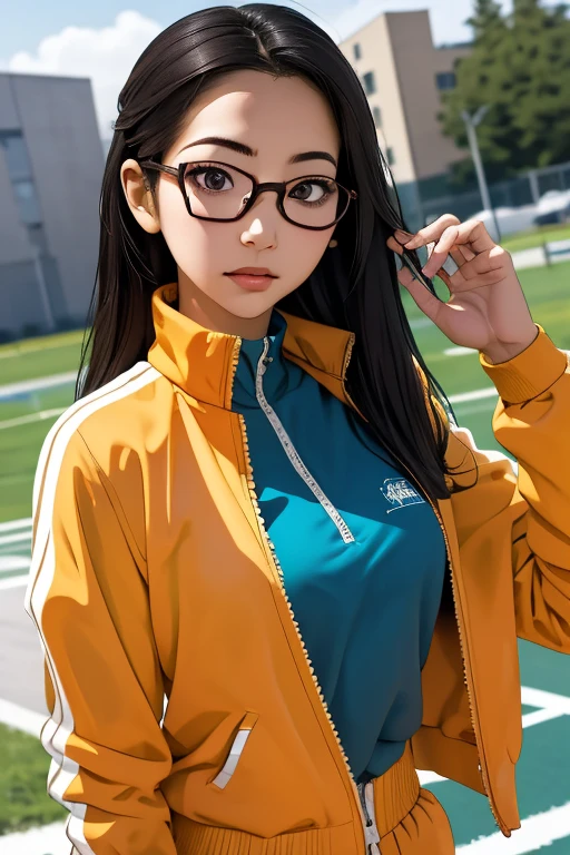 (masterpiece, highest quality), One Girl,  Satou, Satou, Glasses, 赤いフレームのGlasses, Under-rim eyewear, Satou, Glasses, 赤いフレームのGlasses, Under-rim eyewear, Track jacket, Track pants