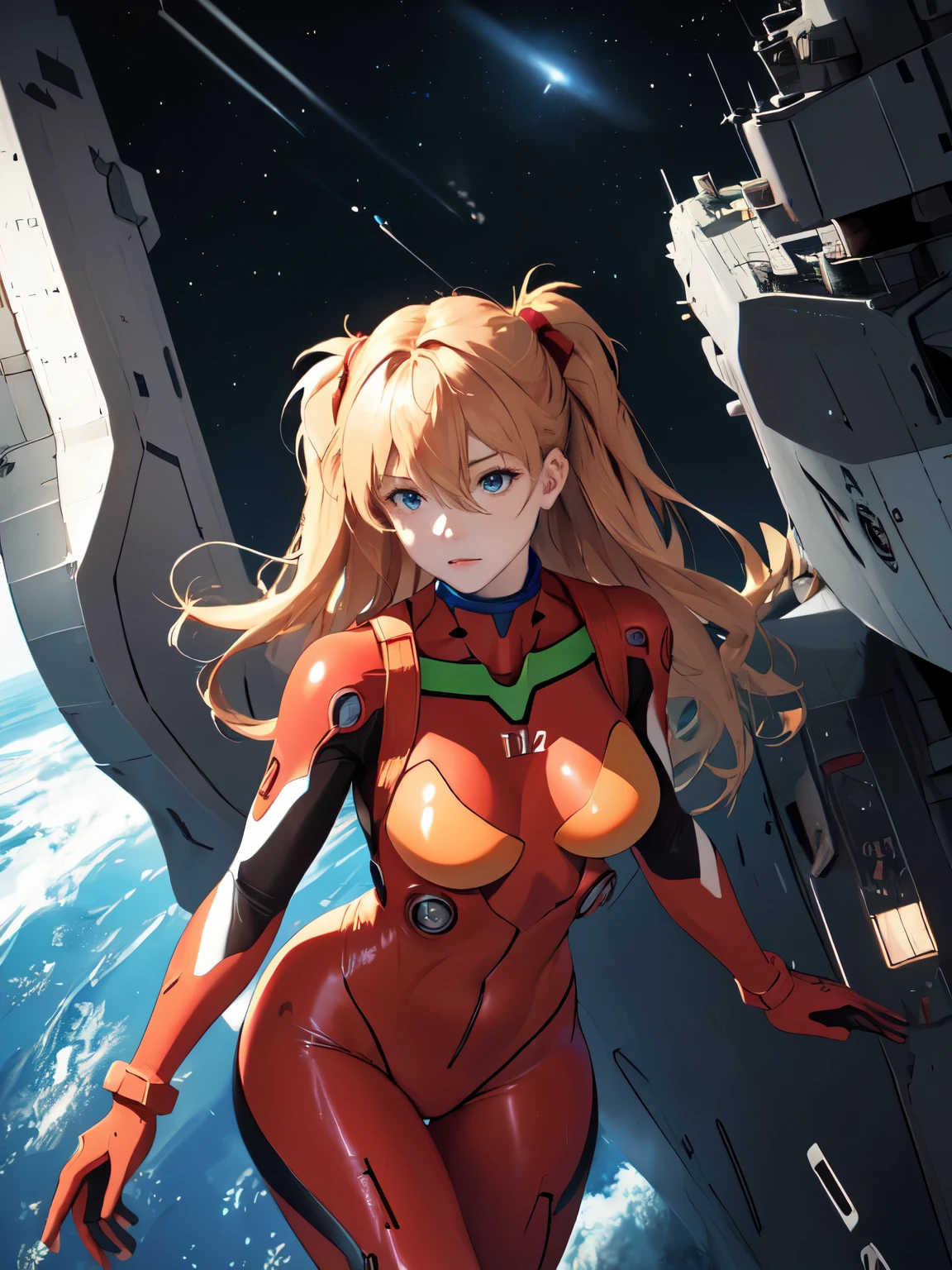 (masterpiece, highest quality), One Girl, Beautiful Face, Beautiful body, souryuu_Asuka_Langley, Plug Suit, Bodysuits, Interface Headset, red Bodysuits, Hair between the eyes, Pilot Suit,((Please show me your whole body:1.5)), 背景は宇宙とAerial battleship AAA Wunder (Amazing details, Excellent lighting, Wide-angle), Aerial battleship, AAA Wunder