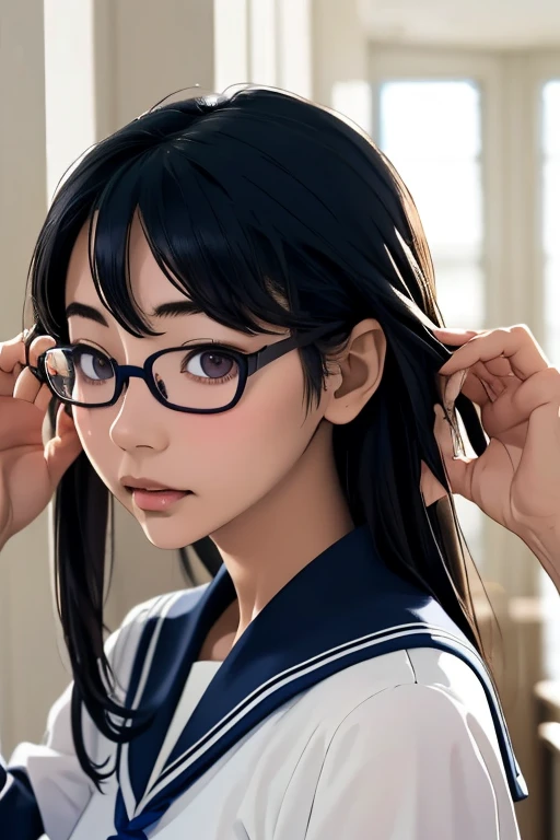 (masterpiece, highest quality), One Girl,  Satou, Satou, Glasses, 赤いフレームのGlasses, Navy blue sailor suit, Satou, Glasses, 赤いフレームのGlasses, 