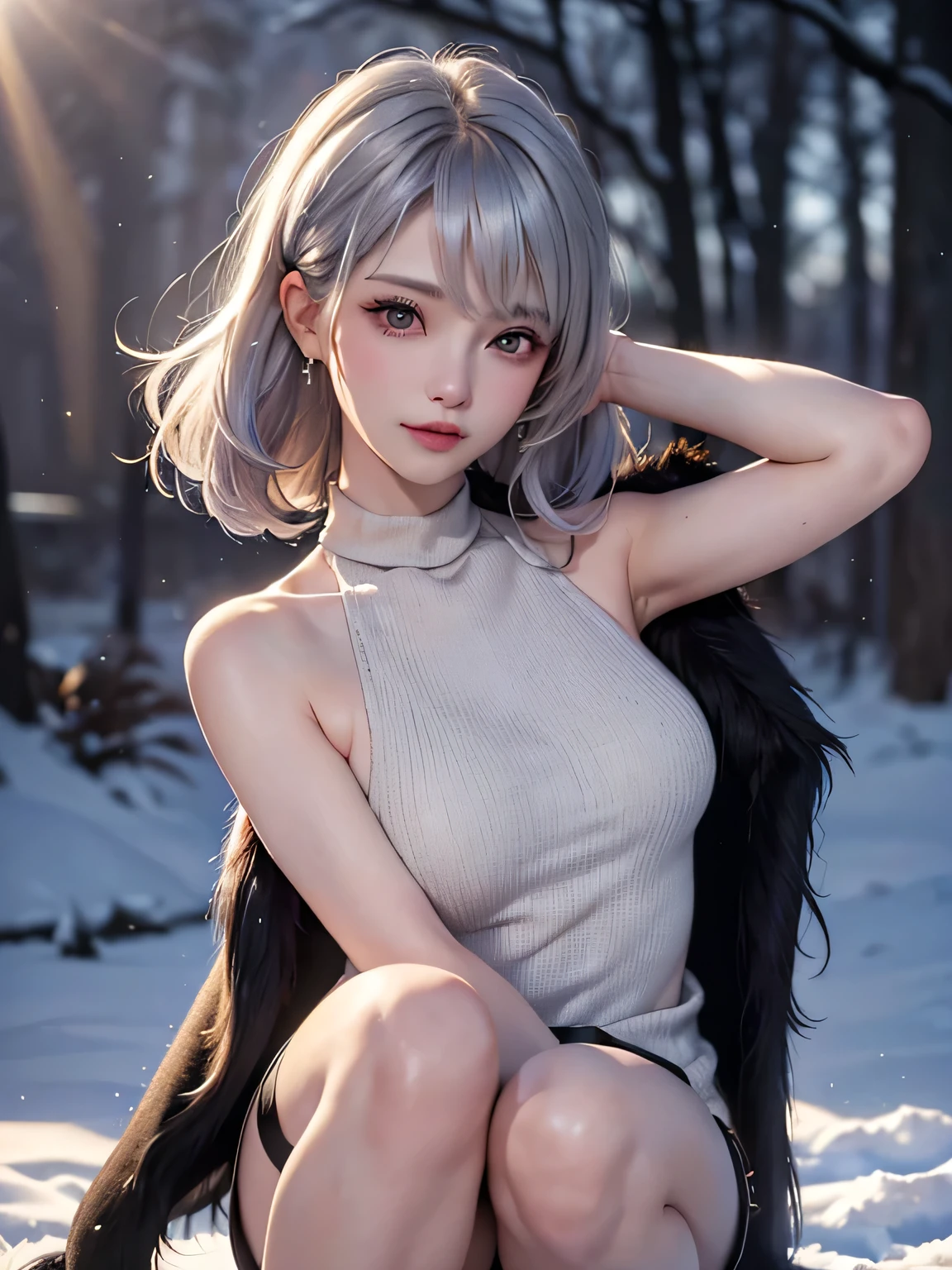 (Above the knees image:1.5)((masterpiece:1.5、8k、Portrait、Photorealistic and very detailed CG、Very detailed、Particle Effects、Dynamic Effects、Written boundary depth、Cinematic Light、Lens flare、Ray Tracing、Tabletop、Realistic:1.4、超A high resolution:1.2、Realistic、Realistic))((alone、virgin killer sweater,sleeveless,A woman wearing a black fur long coat over a halter-neck knit sweater:1.4、Elegant woman posing:、Detailed face、Bright expression、Younger, brighter, whiter skin、small breasts:1.4、Best Looks、The ultimate beauty、Silver hair with dazzling highlights、Shiny bright hair,、Modern Hair Styles、hair dancing in the wind))(morning、The setting is a snowy hill overlooking ruins.)((A halter neck that shows off a little sideboob.7))
