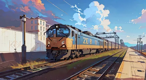 picture of a train on rails against the sky, Zou Zhe, high quality digital painting, beautiful digital painting, gorgeous digita...