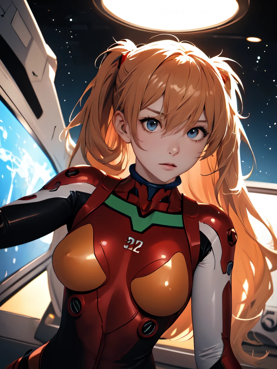 (masterpiece, highest quality), One Girl, Beautiful Face, Beautiful body, souryuu_Asuka_Langley, Plug Suit, Bodysuits, Interface Headset, red Bodysuits, Hair between the eyes, Pilot Suit,((Please show me your whole body:1.5)), 背景は宇宙とAerial battleship AAA Wunder (Amazing details, Excellent lighting, Wide-angle), Aerial battleship, AAA Wunder, Dynamic pose