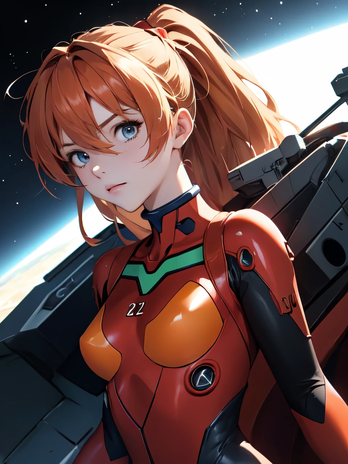 (masterpiece, highest quality), One Girl, Beautiful Face, Beautiful body, souryuu_Asuka_Langley, Plug Suit, Bodysuits, Interface Headset, red Bodysuits, Hair between the eyes, Pilot Suit,((Please show me your whole body:1.5)), 背景は宇宙とAerial battleship AAA Wunder (Amazing details, Excellent lighting, Wide-angle), Aerial battleship, AAA Wunder, Dynamic pose