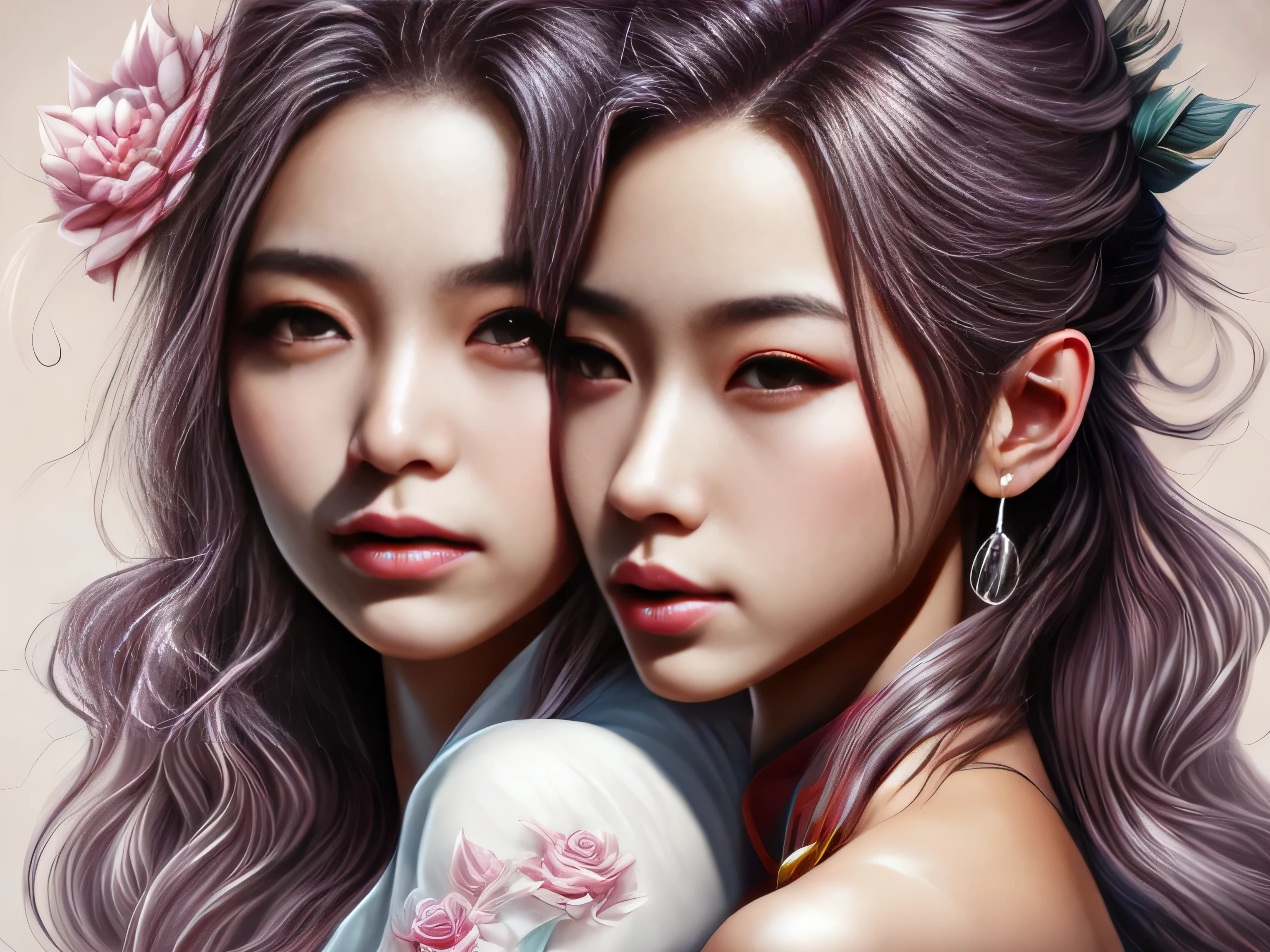 Two asian women with long hair and flower hair - SeaArt AI