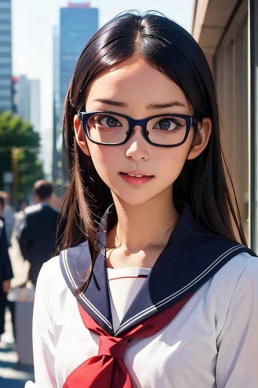 (masterpiece, highest quality), One Girl,  Satou, Satou, Glasses, 赤いフレームのGlasses, Navy blue sailor suit, Satou, Glasses, 赤いフレームのGlasses, 