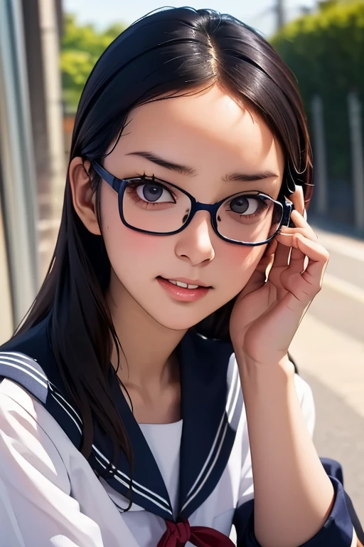 (masterpiece, highest quality), One Girl,  Satou, Satou, Glasses, 赤いフレームのGlasses, Navy blue sailor suit, Satou, Glasses, 赤いフレームのGlasses, 