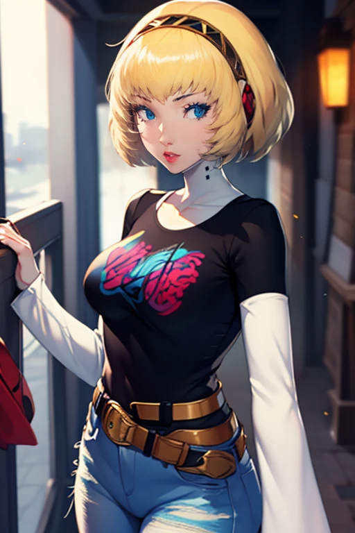 aegis, blonde hair, looking at viewer, 1girl, solo, standing, black t-shirt, white shirt, blue jeans, belt, lipstick, large breasts, layered sleeves