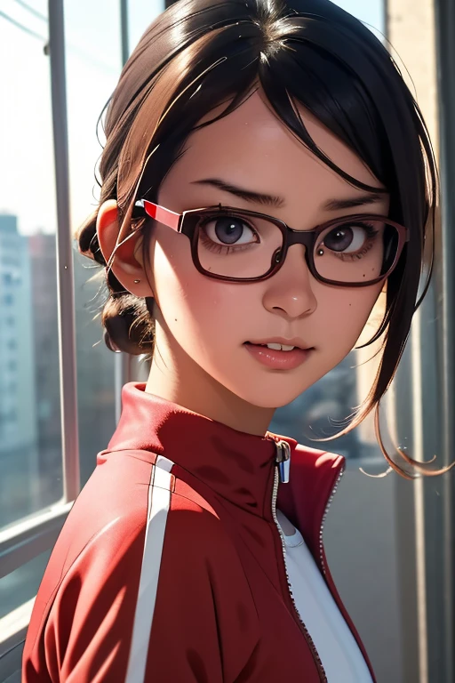 (masterpiece, highest quality), One Girl,  Satou, Satou, Glasses, 赤いフレームのGlasses, Under-rim eyewear, Satou, Glasses, 赤いフレームのGlasses, Under-rim eyewear, Track jacket, Track pants